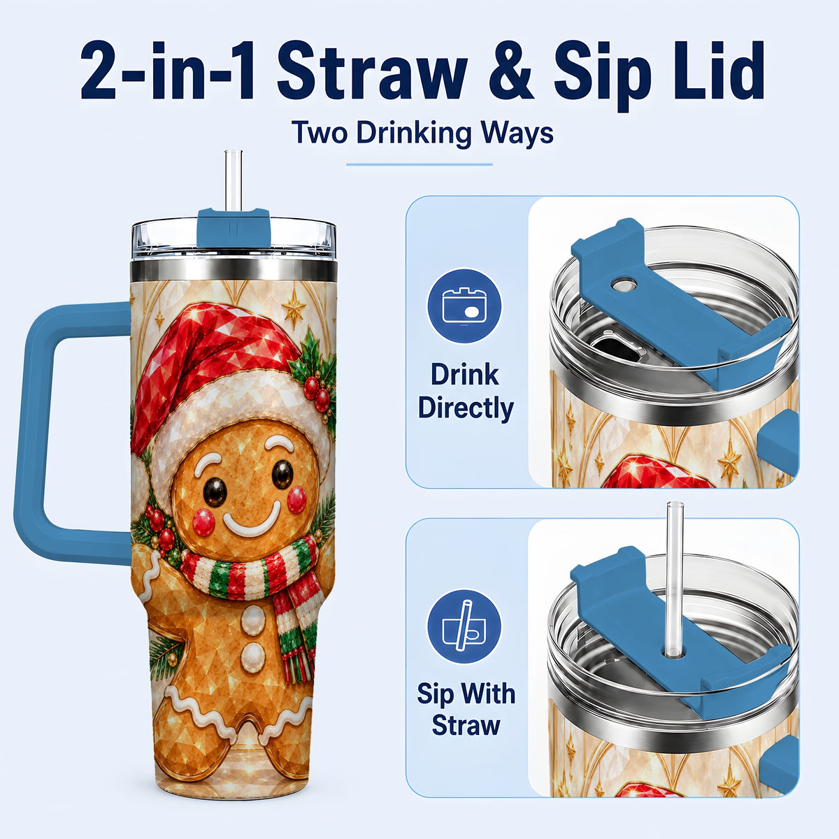 #pl[40oz|Blue] Gem Gingerbread Tumbler 40oz, Holiday Tumbler, Stainless Steel Travel Cup