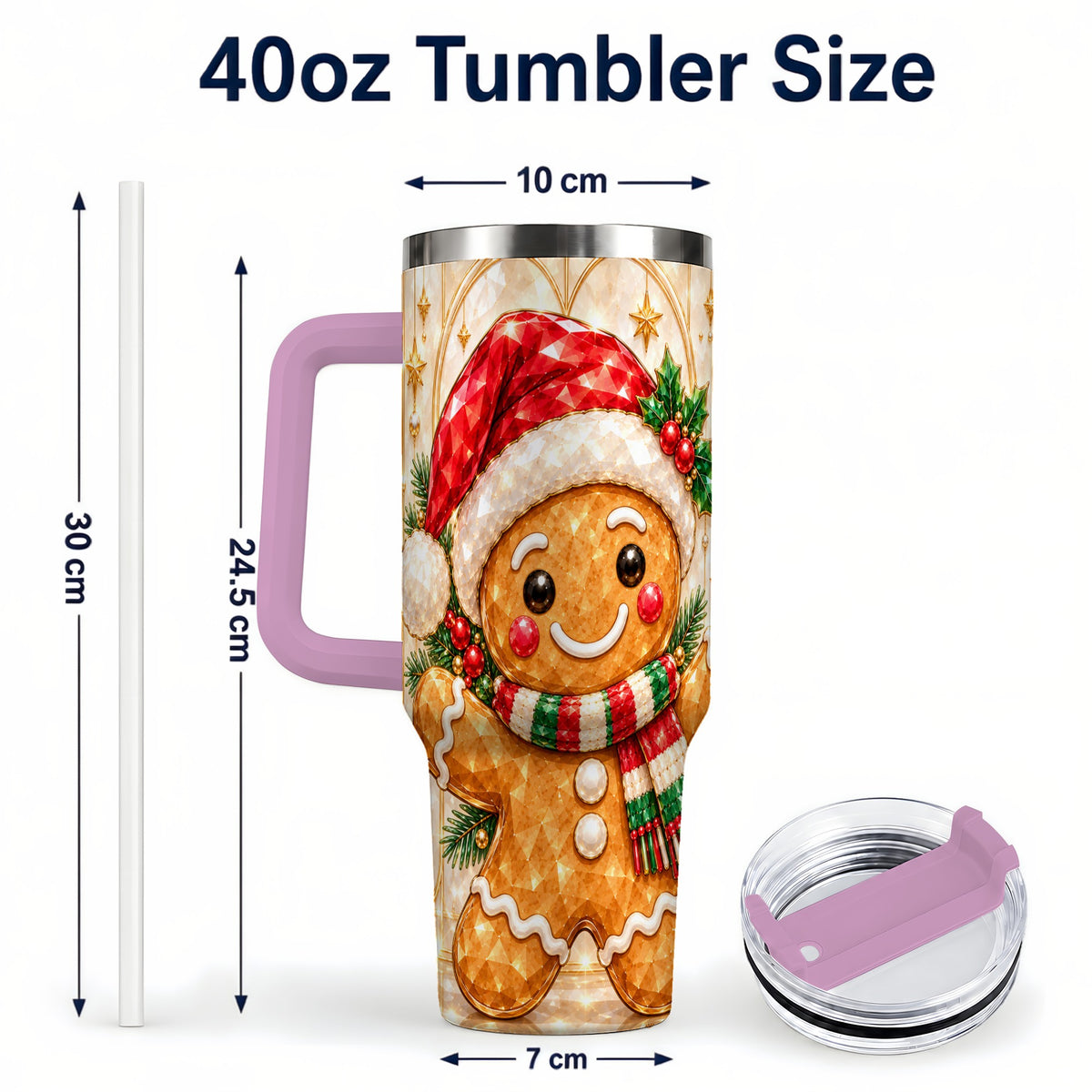 #pl[40oz|Pink] Gem Gingerbread Tumbler 40oz, Holiday Tumbler, Stainless Steel Travel Cup