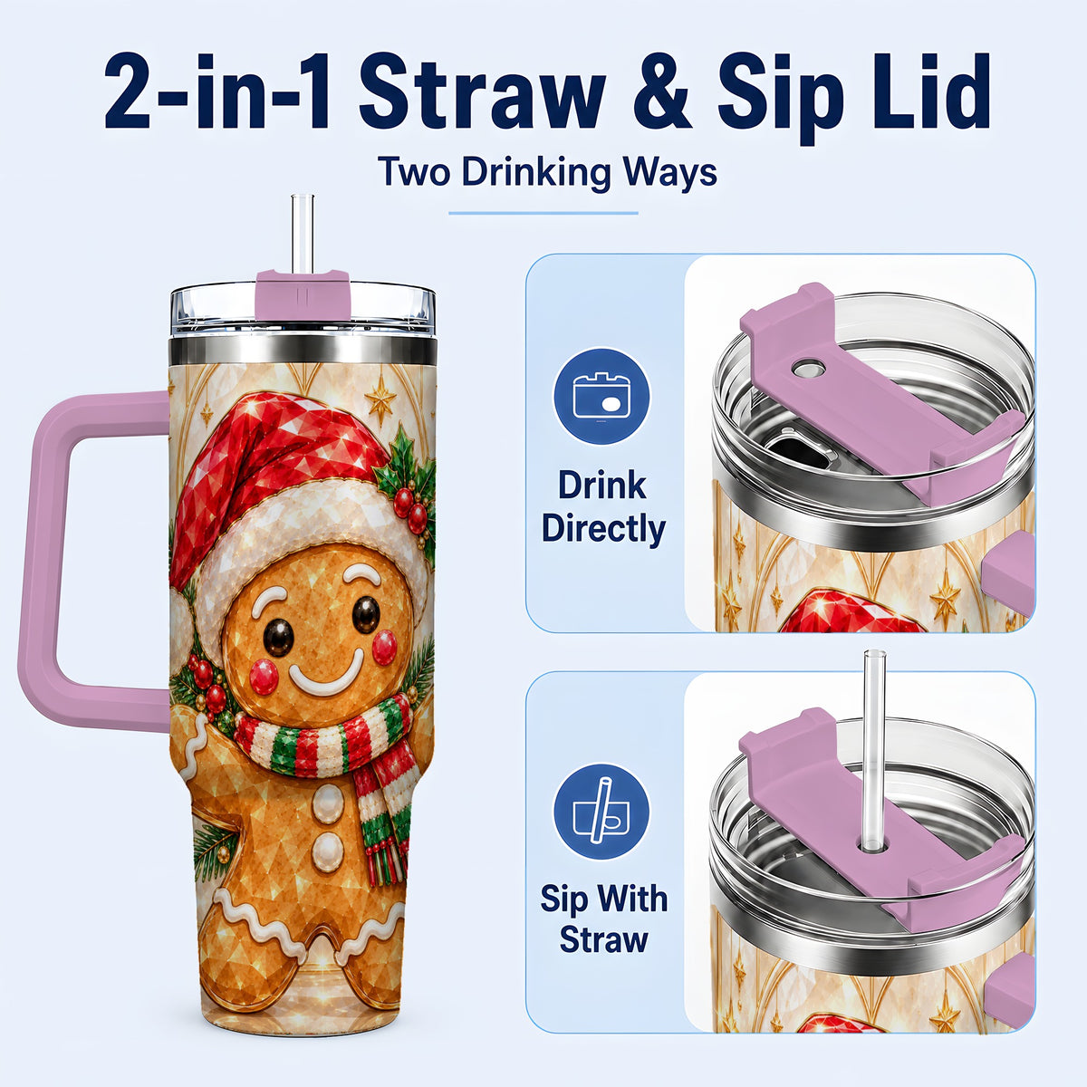 #pl[40oz|Pink] Gem Gingerbread Tumbler 40oz, Holiday Tumbler, Stainless Steel Travel Cup