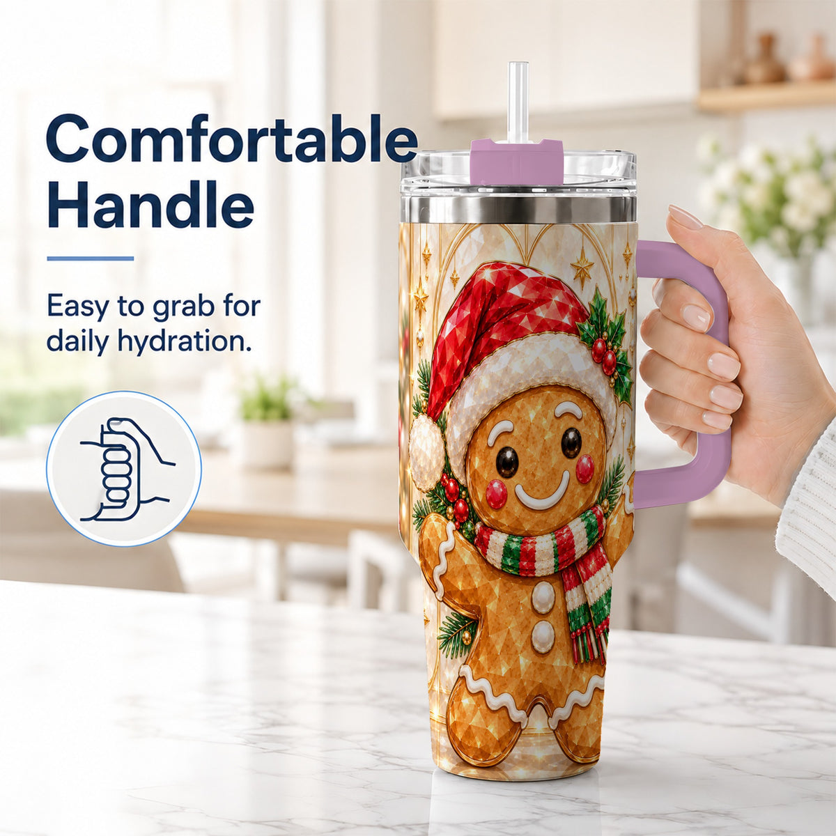 #pl[40oz|Pink] Gem Gingerbread Tumbler 40oz, Holiday Tumbler, Stainless Steel Travel Cup