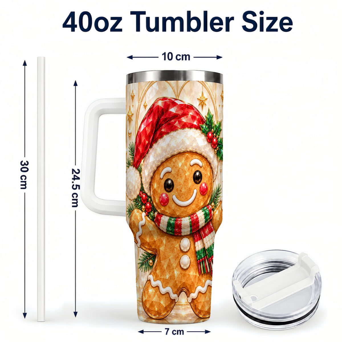 #pl[40oz|White] Gem Gingerbread Tumbler 40oz, Holiday Tumbler, Stainless Steel Travel Cup
