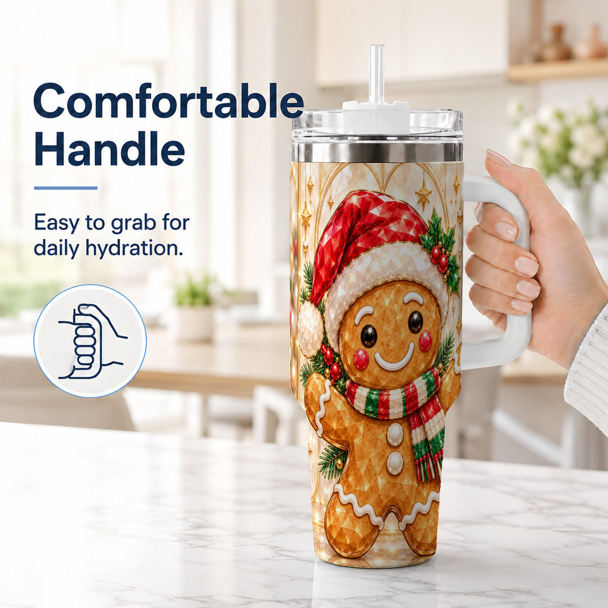 #pl[40oz|White] Gem Gingerbread Tumbler 40oz, Holiday Tumbler, Stainless Steel Travel Cup
