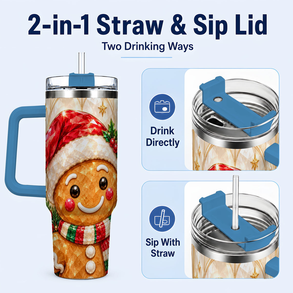 #pl[40oz|Blue] Scarf Gingerbread Tumbler 40oz, Holiday Tumbler, Stainless Steel Travel Cup