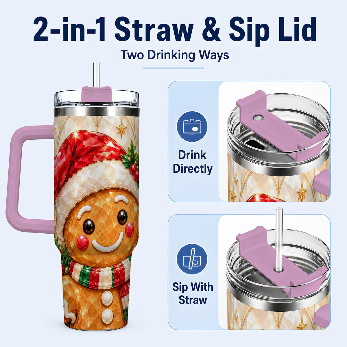 #pl[40oz|Pink] Scarf Gingerbread Tumbler 40oz, Holiday Tumbler, Stainless Steel Travel Cup
