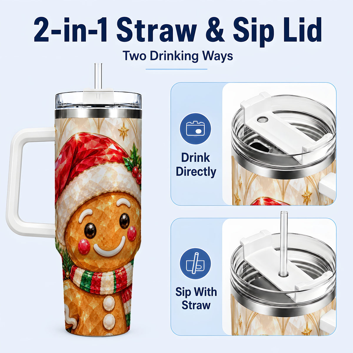 #pl[40oz|White] Scarf Gingerbread Tumbler 40oz, Holiday Tumbler, Stainless Steel Travel Cup