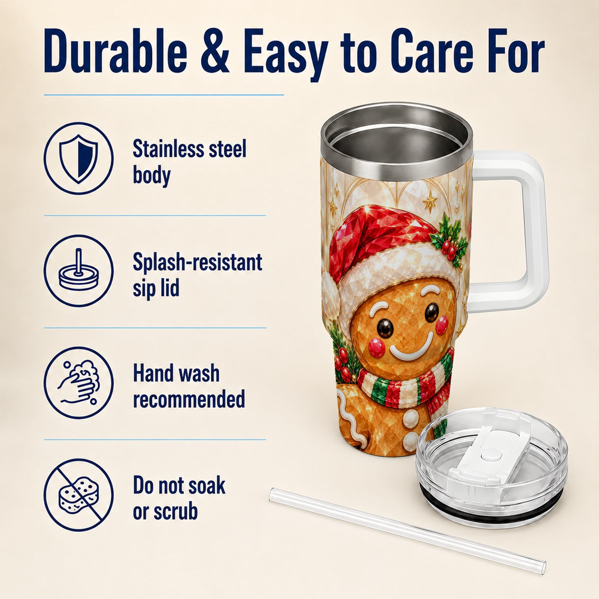 Scarf Gingerbread Tumbler 40oz, Holiday Tumbler, Stainless Steel Travel Cup