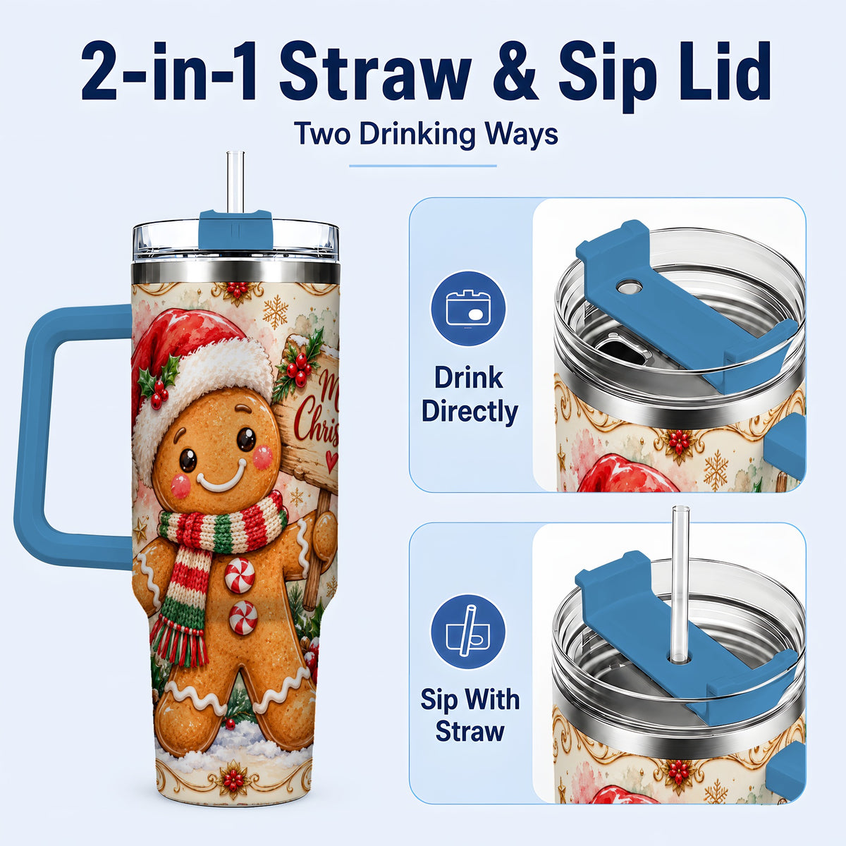 #pl[40oz|Blue] Christmas Cookie Tumbler 40oz, Holiday Tumbler, Stainless Steel Travel Cup