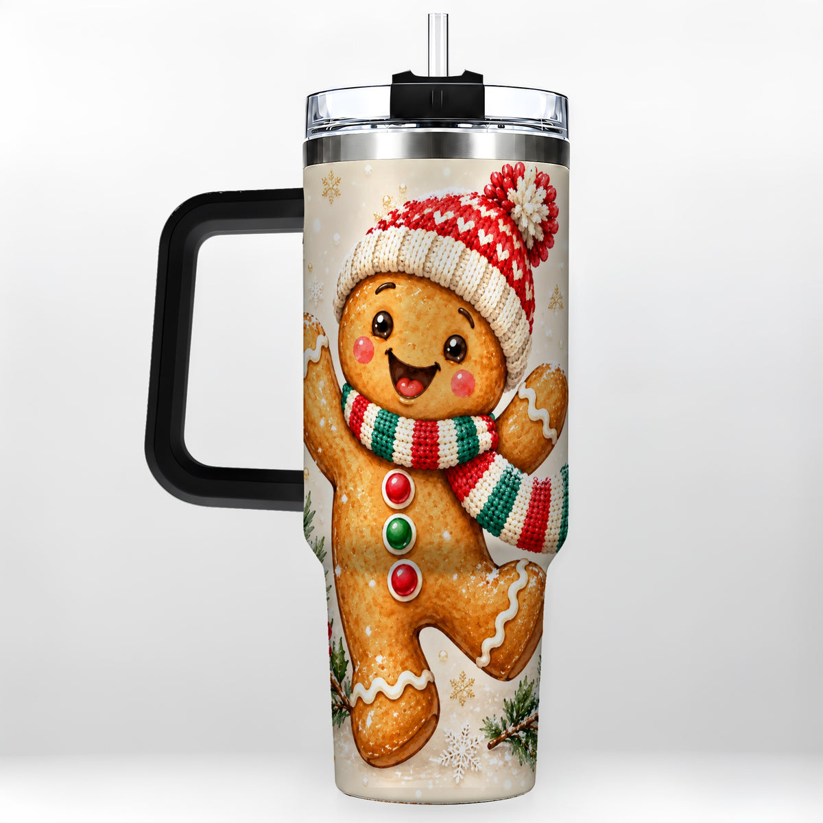 #pl[40oz|Black] Gingerbread Christmas 40oz Tumbler with Handle, Winter Cookie Travel Cup