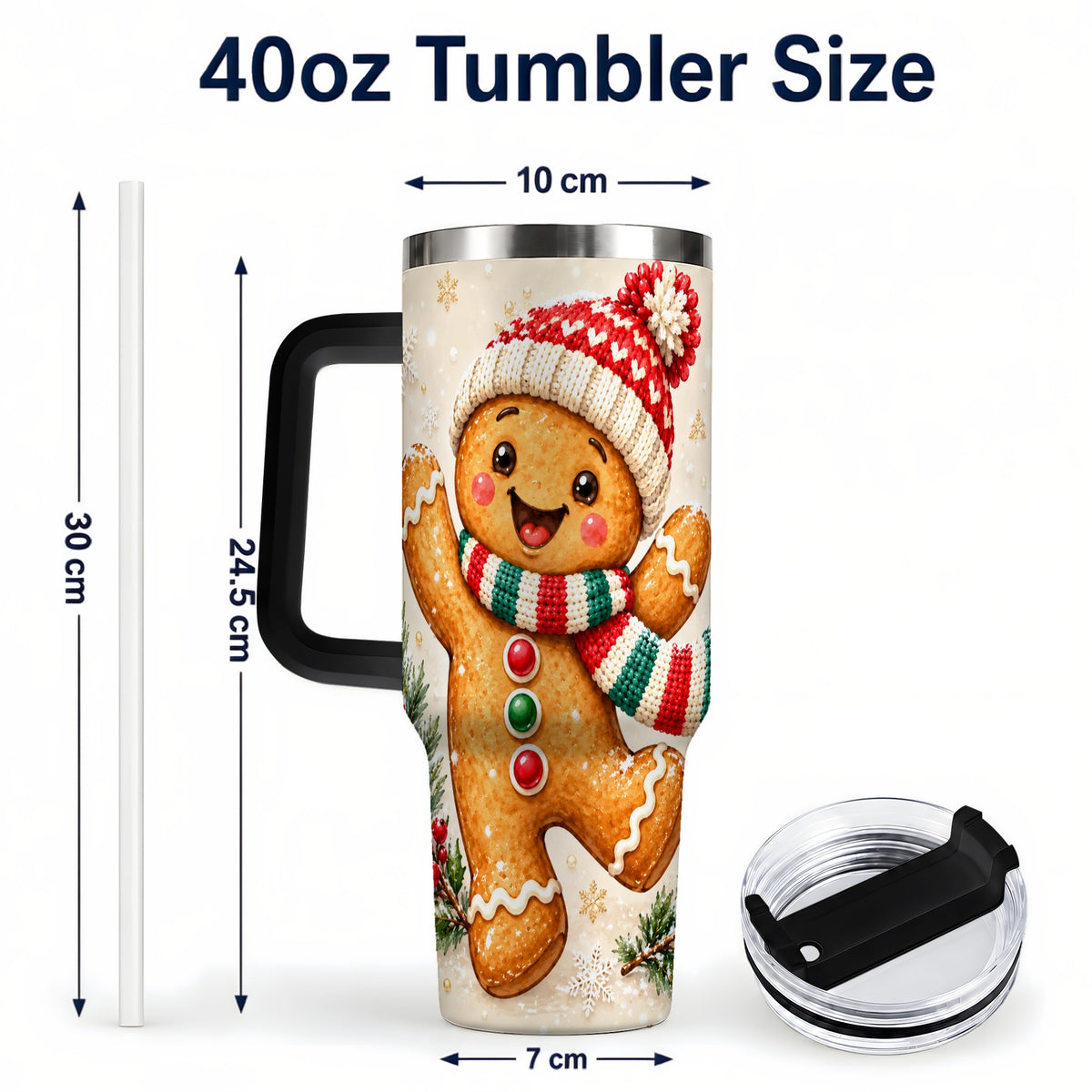 #pl[40oz|Black] Gingerbread Christmas 40oz Tumbler with Handle, Winter Cookie Travel Cup