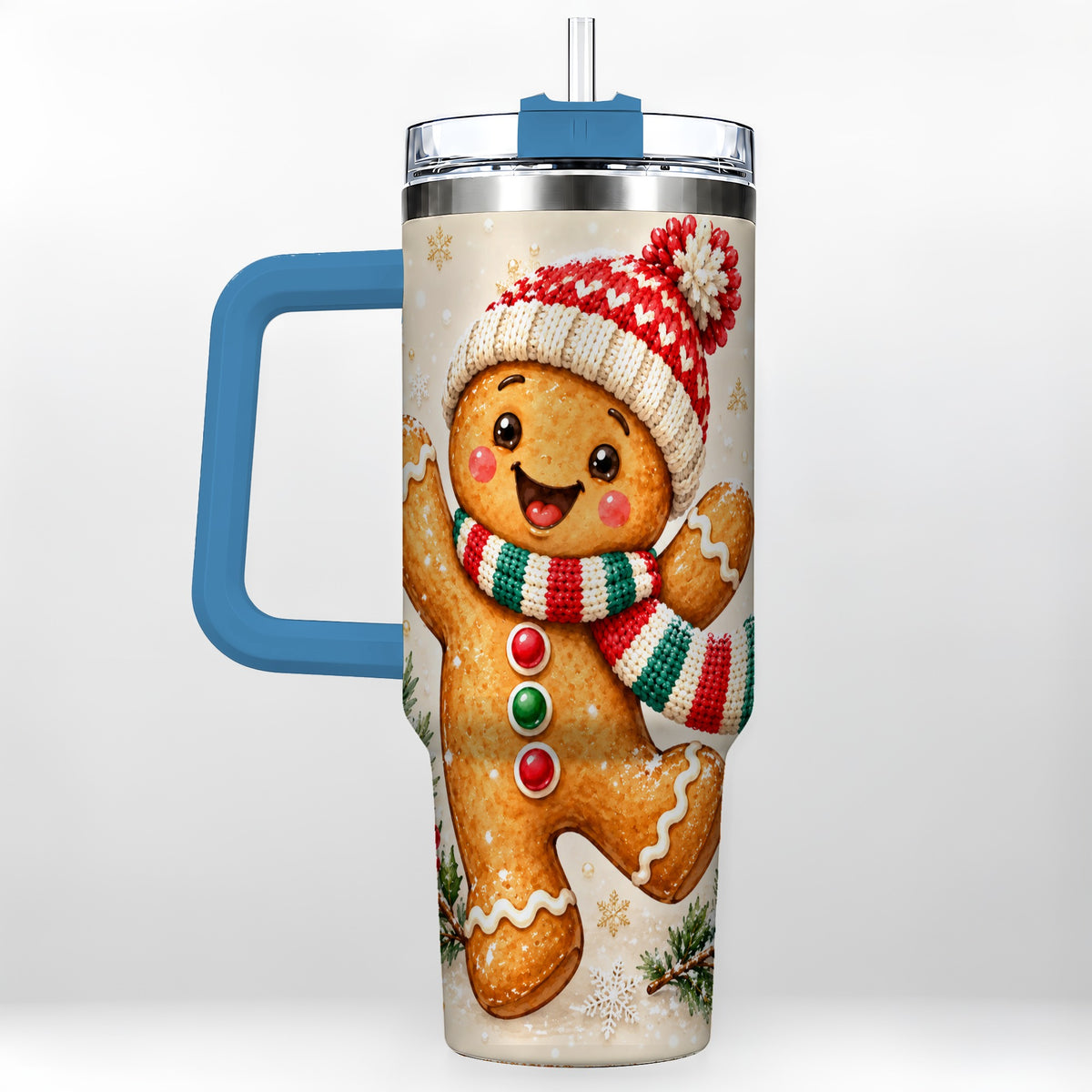 #pl[40oz|Blue] Gingerbread Christmas 40oz Tumbler with Handle, Winter Cookie Travel Cup