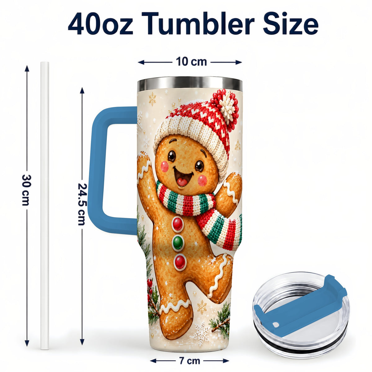 #pl[40oz|Blue] Gingerbread Christmas 40oz Tumbler with Handle, Winter Cookie Travel Cup