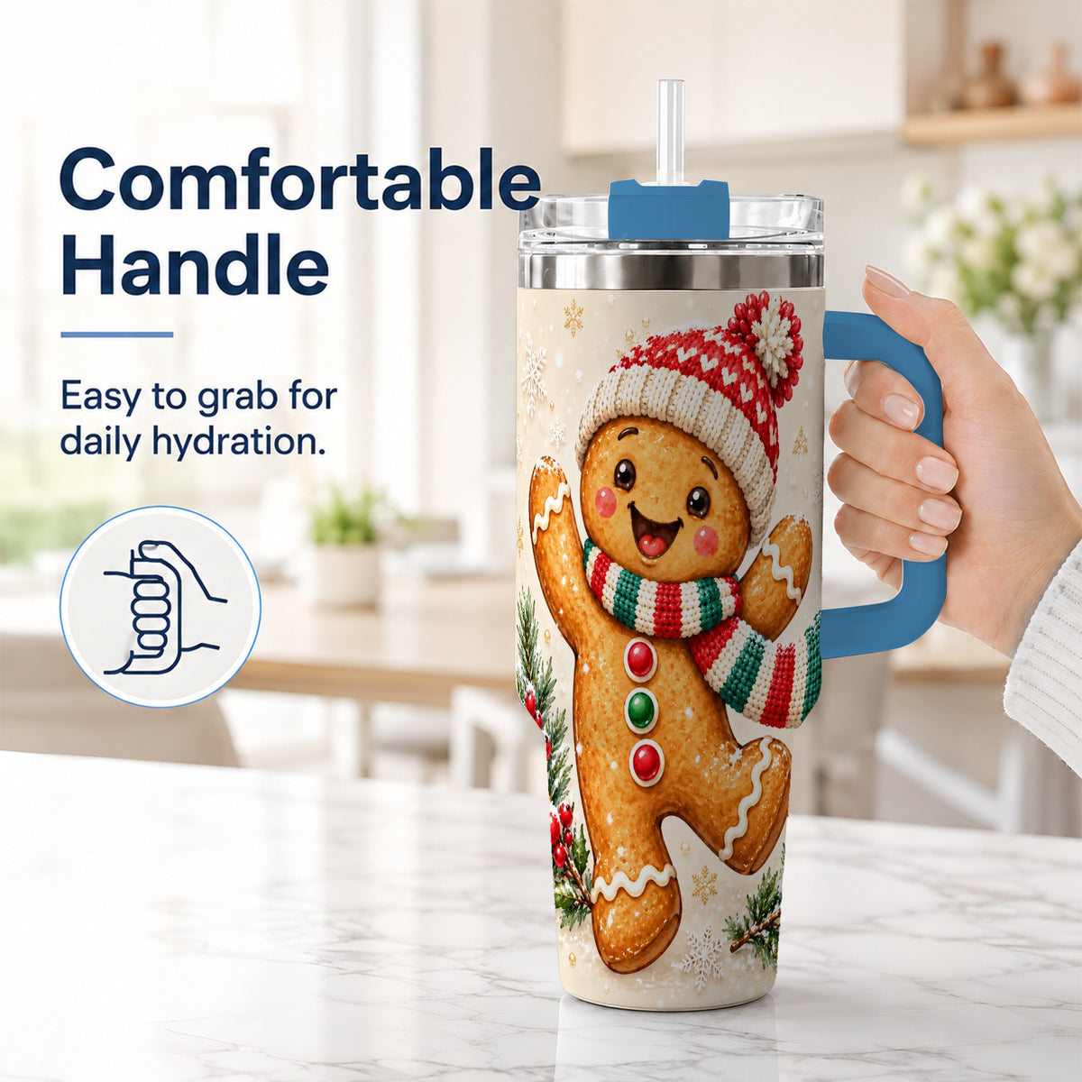 #pl[40oz|Blue] Gingerbread Christmas 40oz Tumbler with Handle, Winter Cookie Travel Cup