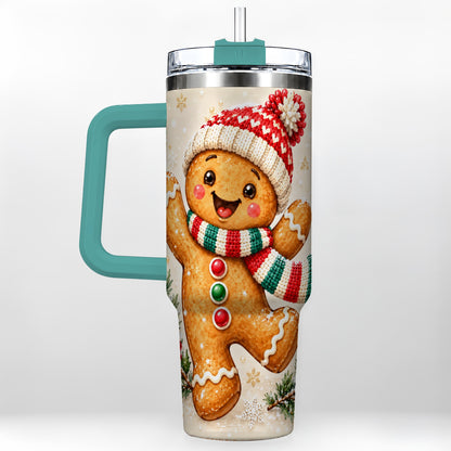 #pl[40oz|Green] Gingerbread Christmas 40oz Tumbler with Handle, Winter Cookie Travel Cup