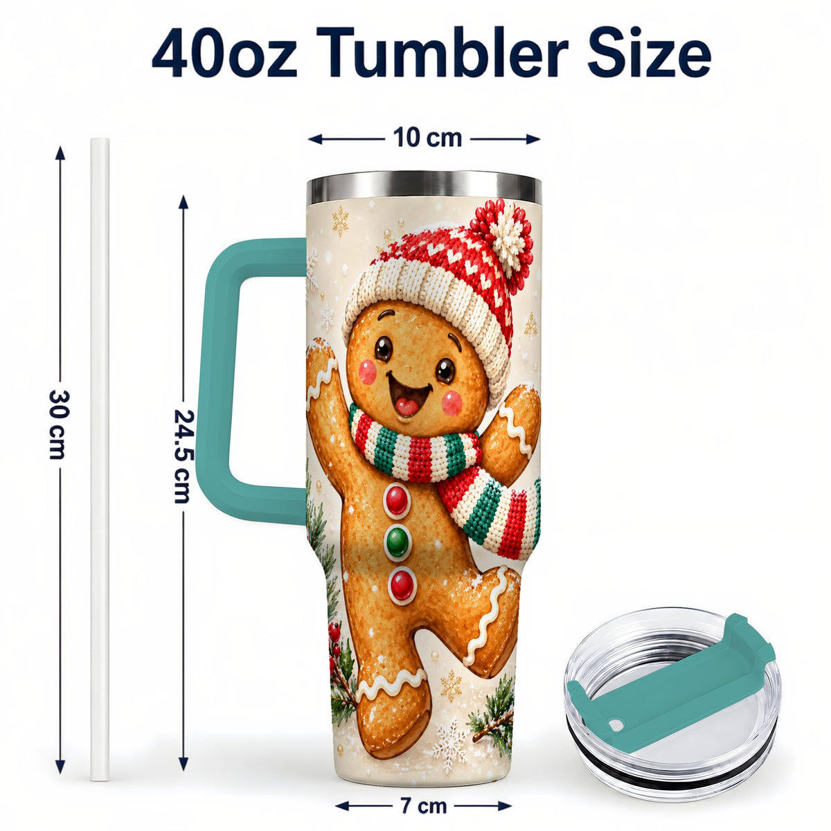 #pl[40oz|Green] Gingerbread Christmas 40oz Tumbler with Handle, Winter Cookie Travel Cup