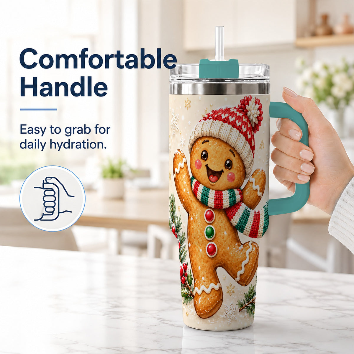 #pl[40oz|Green] Gingerbread Christmas 40oz Tumbler with Handle, Winter Cookie Travel Cup