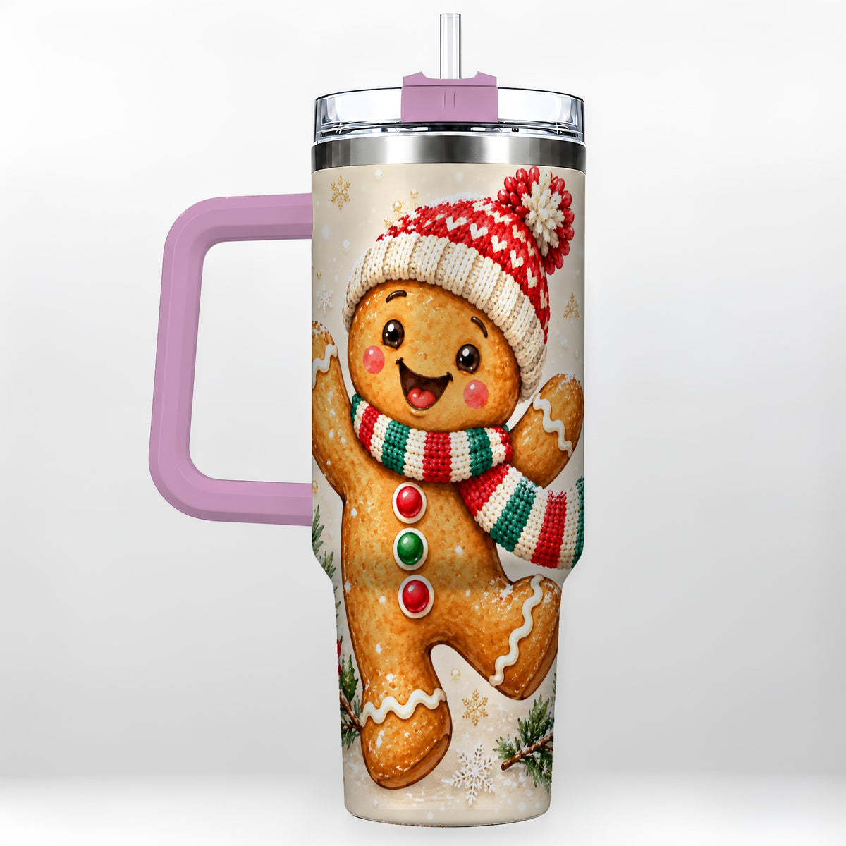 #pl[40oz|Pink] Gingerbread Christmas 40oz Tumbler with Handle, Winter Cookie Travel Cup