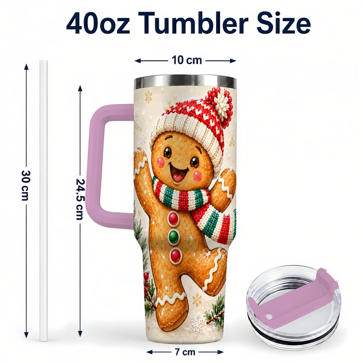 #pl[40oz|Pink] Gingerbread Christmas 40oz Tumbler with Handle, Winter Cookie Travel Cup