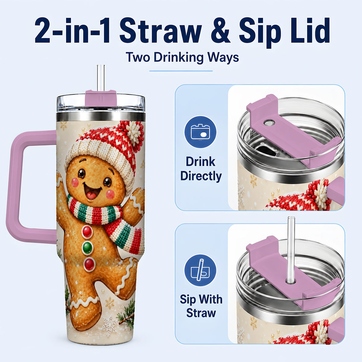 #pl[40oz|Pink] Gingerbread Christmas 40oz Tumbler with Handle, Winter Cookie Travel Cup