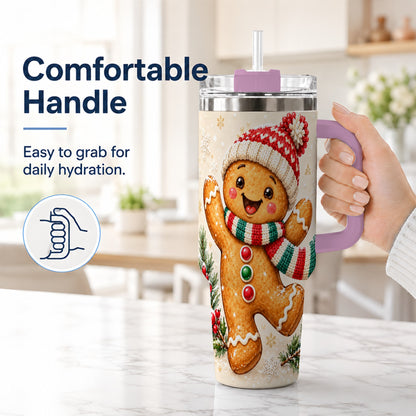 #pl[40oz|Pink] Gingerbread Christmas 40oz Tumbler with Handle, Winter Cookie Travel Cup