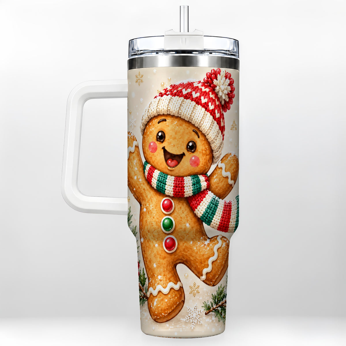 Gingerbread Christmas 40oz Tumbler with Handle, Winter Cookie Travel Cup