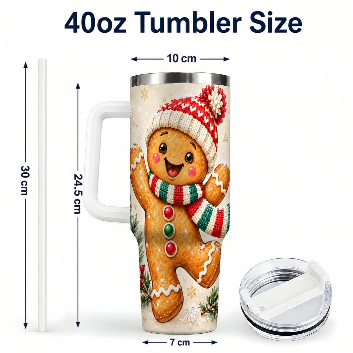 #pl[40oz|White] Gingerbread Christmas 40oz Tumbler with Handle, Winter Cookie Travel Cup