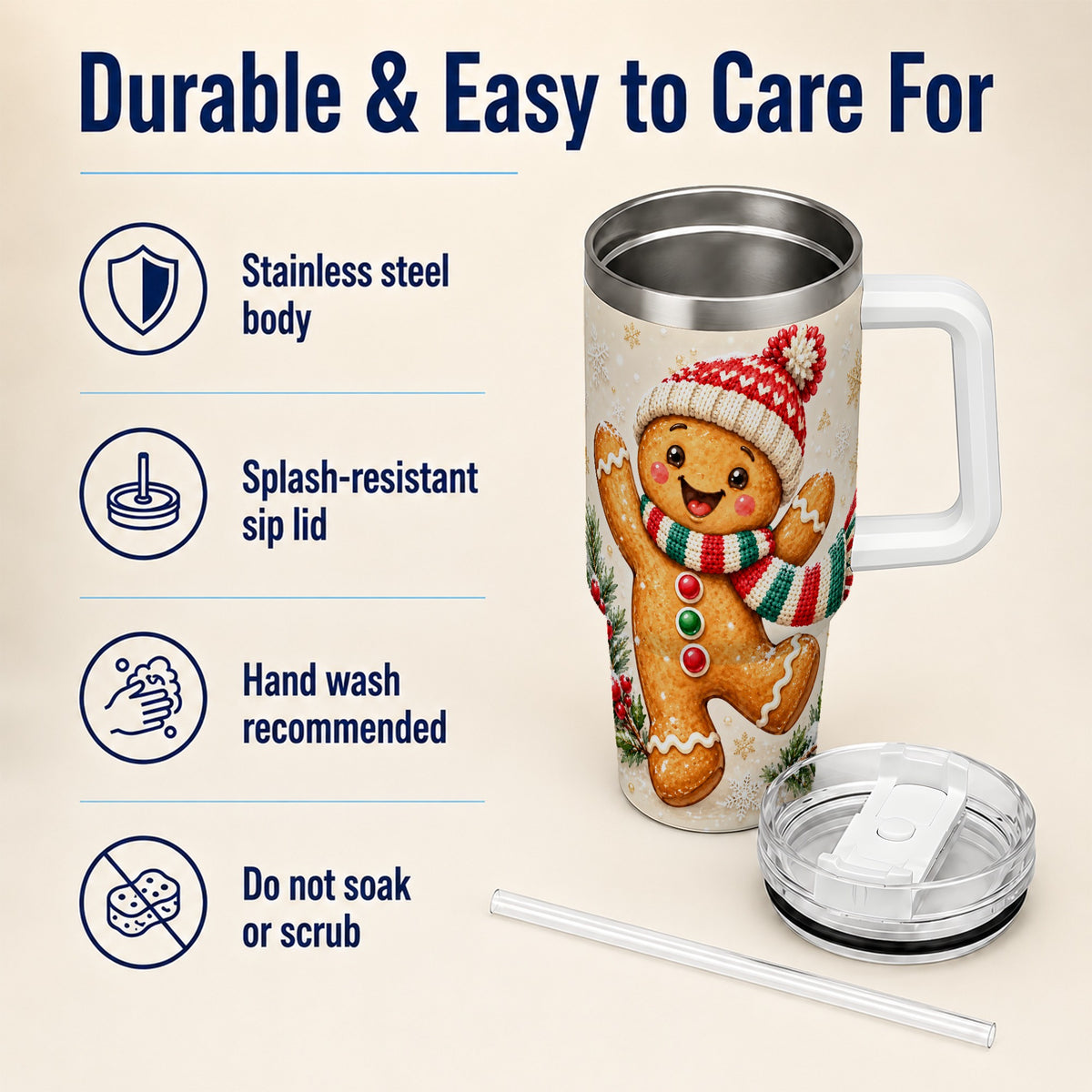 Gingerbread Christmas 40oz Tumbler with Handle, Winter Cookie Travel Cup