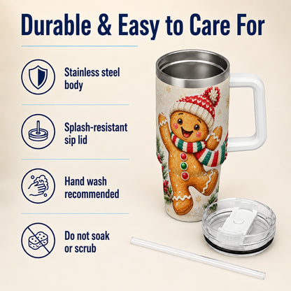Gingerbread Christmas 40oz Tumbler with Handle, Winter Cookie Travel Cup