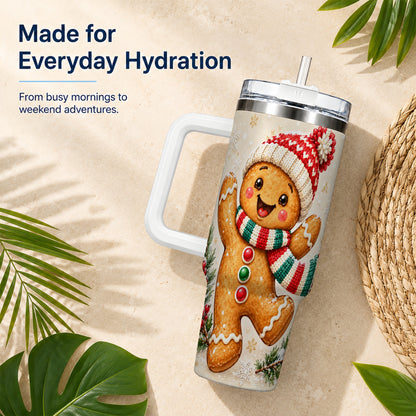 Gingerbread Christmas 40oz Tumbler with Handle, Winter Cookie Travel Cup