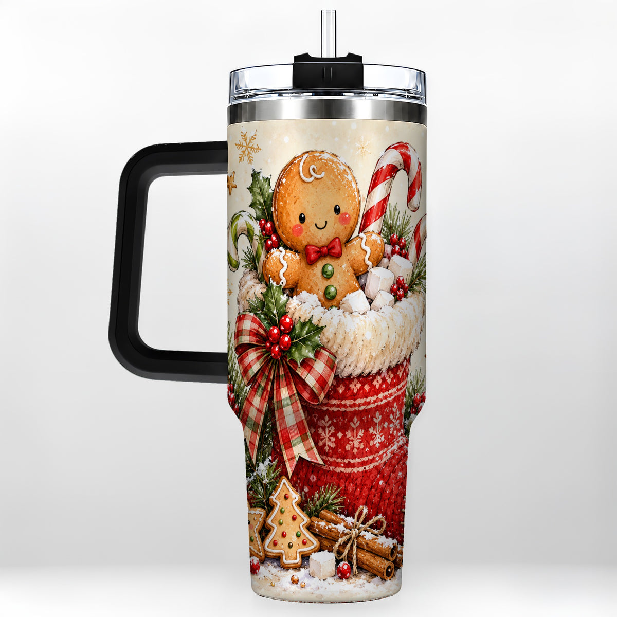 #pl[40oz|Black] Gingerbread Stocking 40oz Tumbler with Handle, Christmas Travel Cup