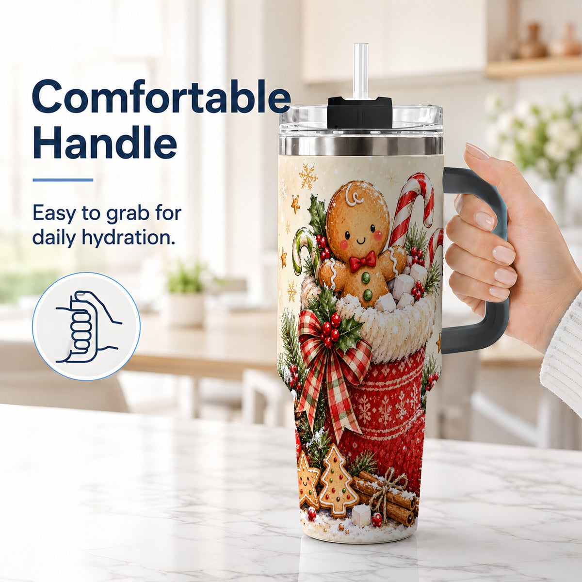 #pl[40oz|Black] Gingerbread Stocking 40oz Tumbler with Handle, Christmas Travel Cup