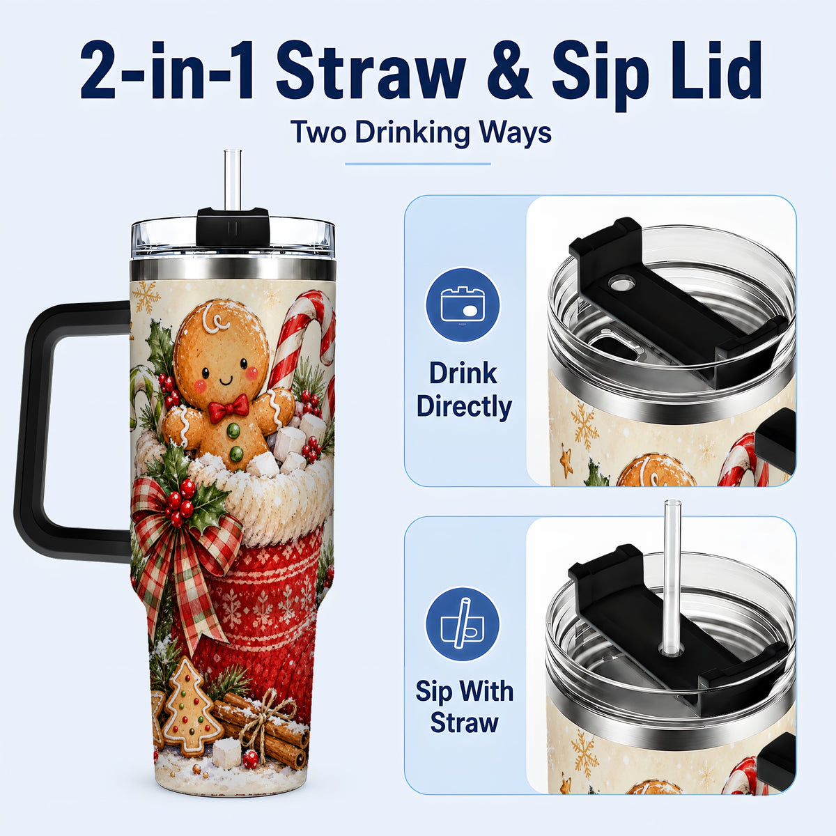 #pl[40oz|Black] Gingerbread Stocking 40oz Tumbler with Handle, Christmas Travel Cup