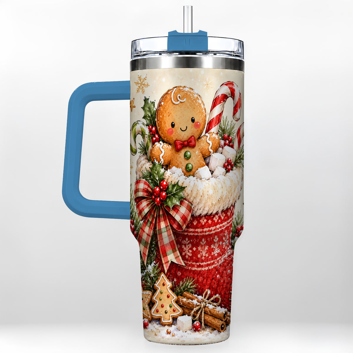#pl[40oz|Blue] Gingerbread Stocking 40oz Tumbler with Handle, Christmas Travel Cup