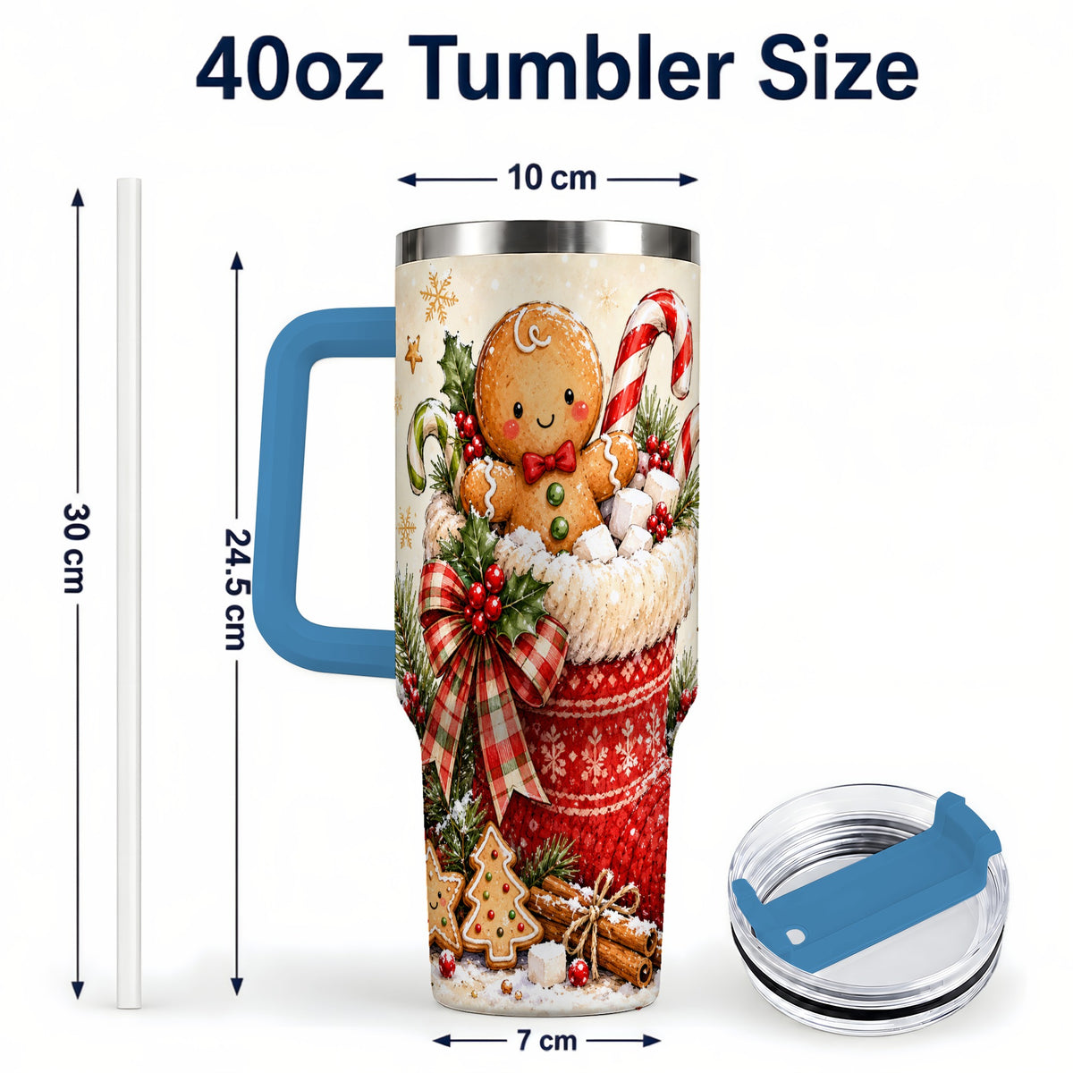 #pl[40oz|Blue] Gingerbread Stocking 40oz Tumbler with Handle, Christmas Travel Cup