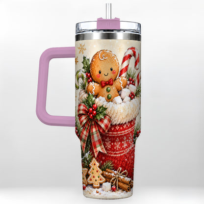 #pl[40oz|Pink] Gingerbread Stocking 40oz Tumbler with Handle, Christmas Travel Cup