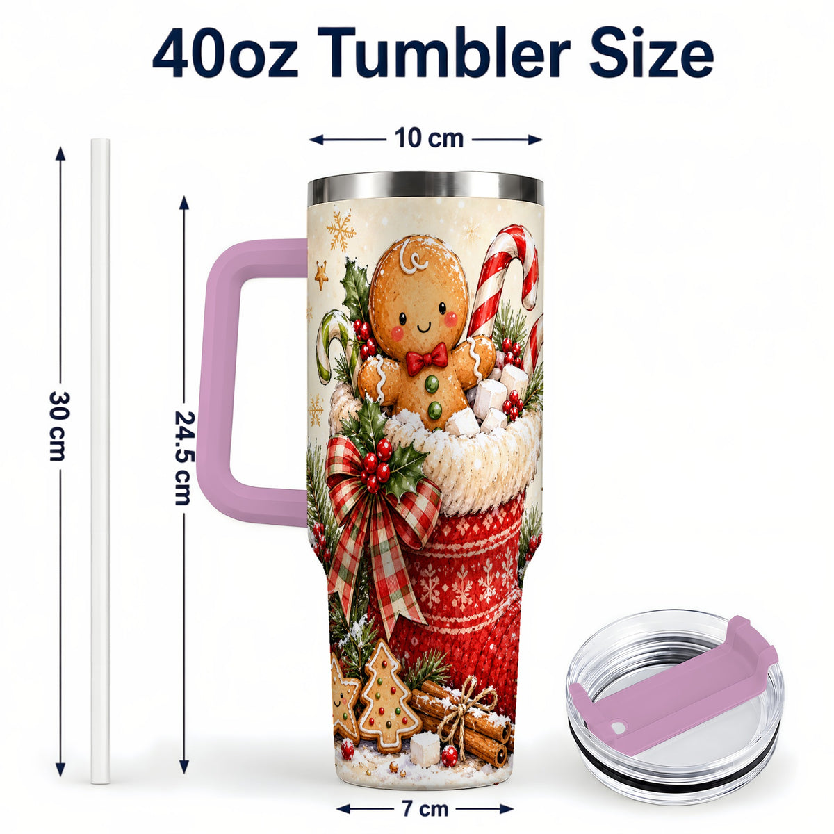 #pl[40oz|Pink] Gingerbread Stocking 40oz Tumbler with Handle, Christmas Travel Cup