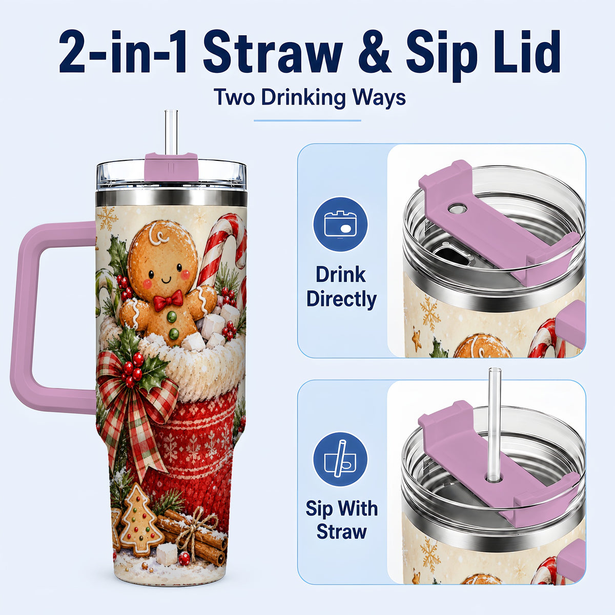#pl[40oz|Pink] Gingerbread Stocking 40oz Tumbler with Handle, Christmas Travel Cup