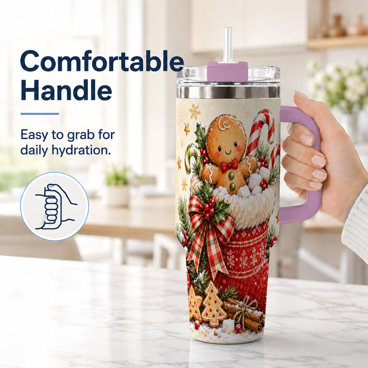 #pl[40oz|Pink] Gingerbread Stocking 40oz Tumbler with Handle, Christmas Travel Cup