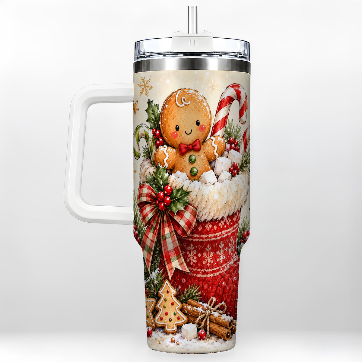 Gingerbread Stocking 40oz Tumbler with Handle, Christmas Travel Cup