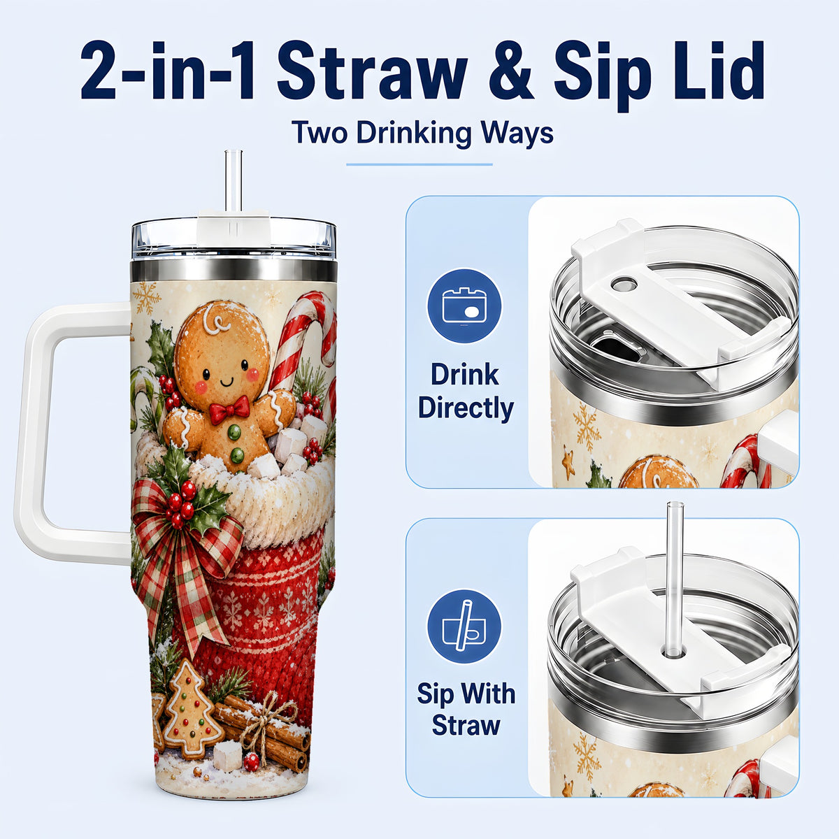 #pl[40oz|White] Gingerbread Stocking 40oz Tumbler with Handle, Christmas Travel Cup