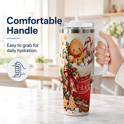 #pl[40oz|White] Gingerbread Stocking 40oz Tumbler with Handle, Christmas Travel Cup