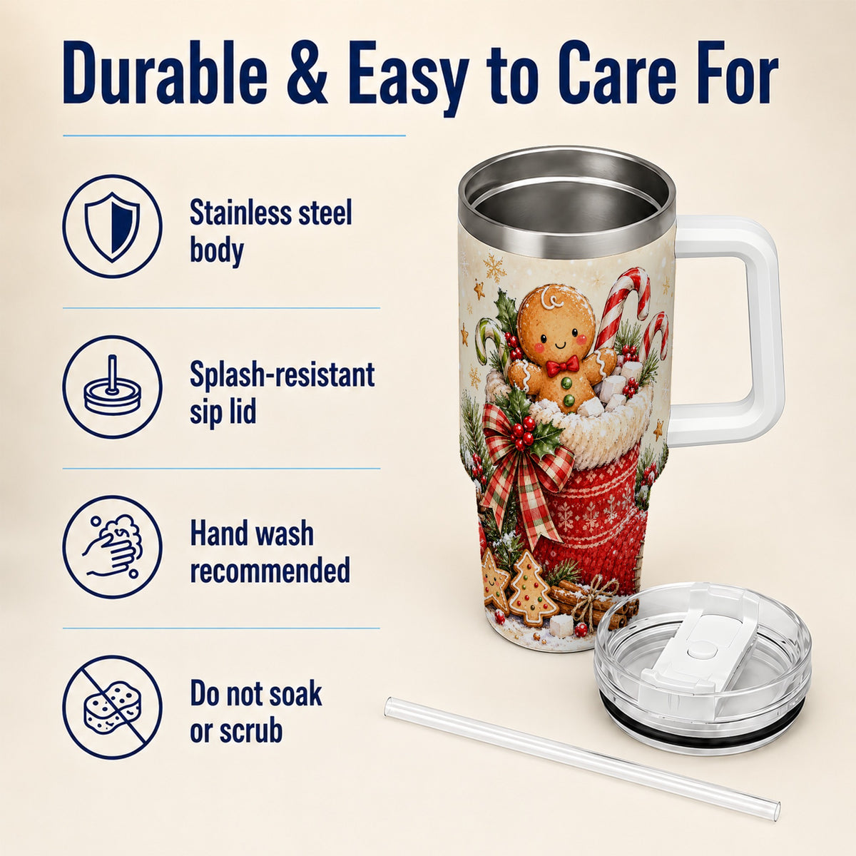 Gingerbread Stocking 40oz Tumbler with Handle, Christmas Travel Cup