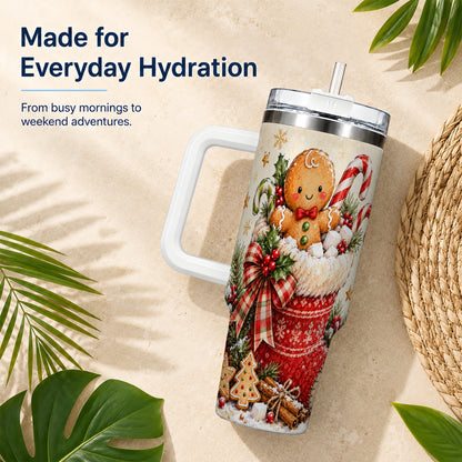 Gingerbread Stocking 40oz Tumbler with Handle, Christmas Travel Cup