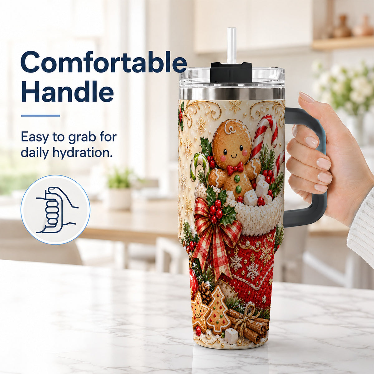 #pl[40oz|Black] Ornate Gingerbread 40oz Tumbler with Handle, Christmas Travel Cup
