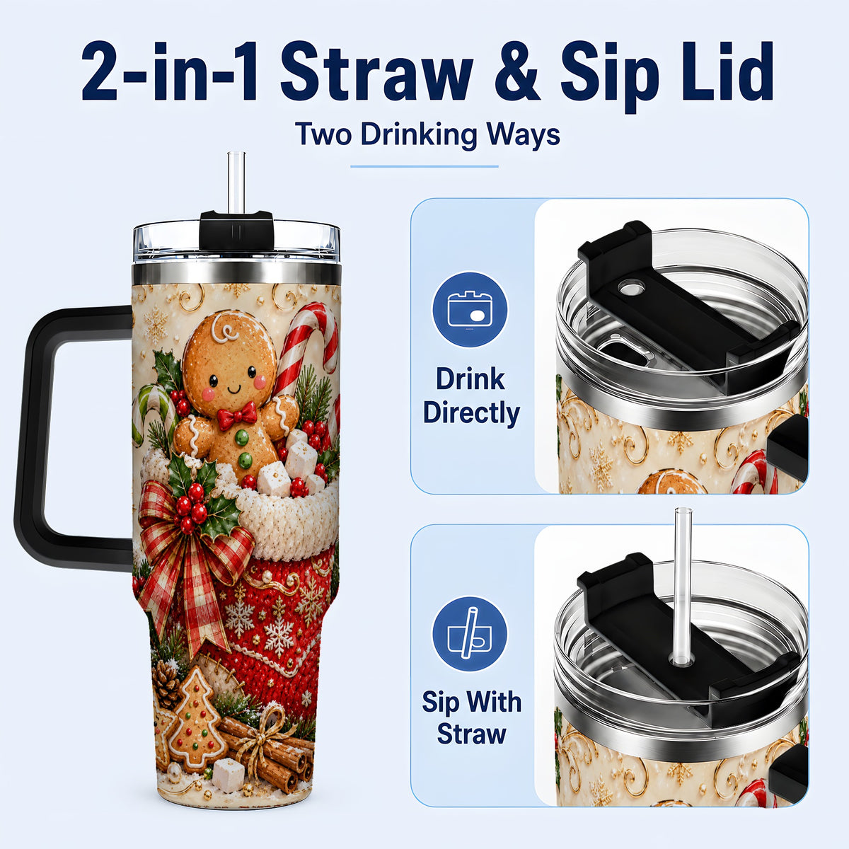 #pl[40oz|Black] Ornate Gingerbread 40oz Tumbler with Handle, Christmas Travel Cup