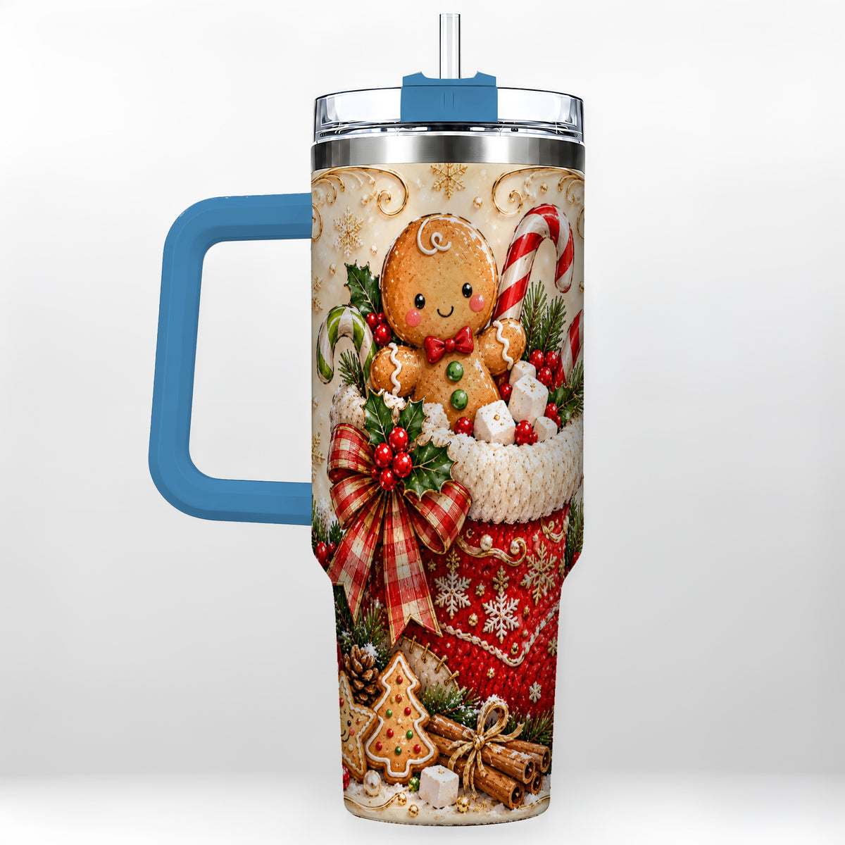 #pl[40oz|Blue] Ornate Gingerbread 40oz Tumbler with Handle, Christmas Travel Cup