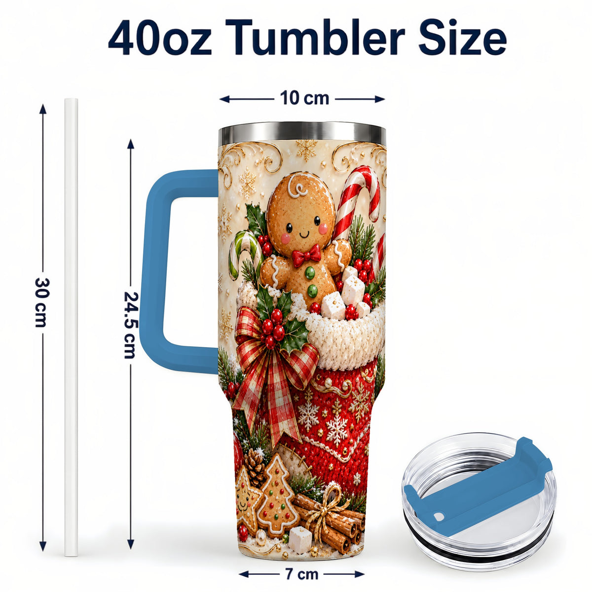 #pl[40oz|Blue] Ornate Gingerbread 40oz Tumbler with Handle, Christmas Travel Cup