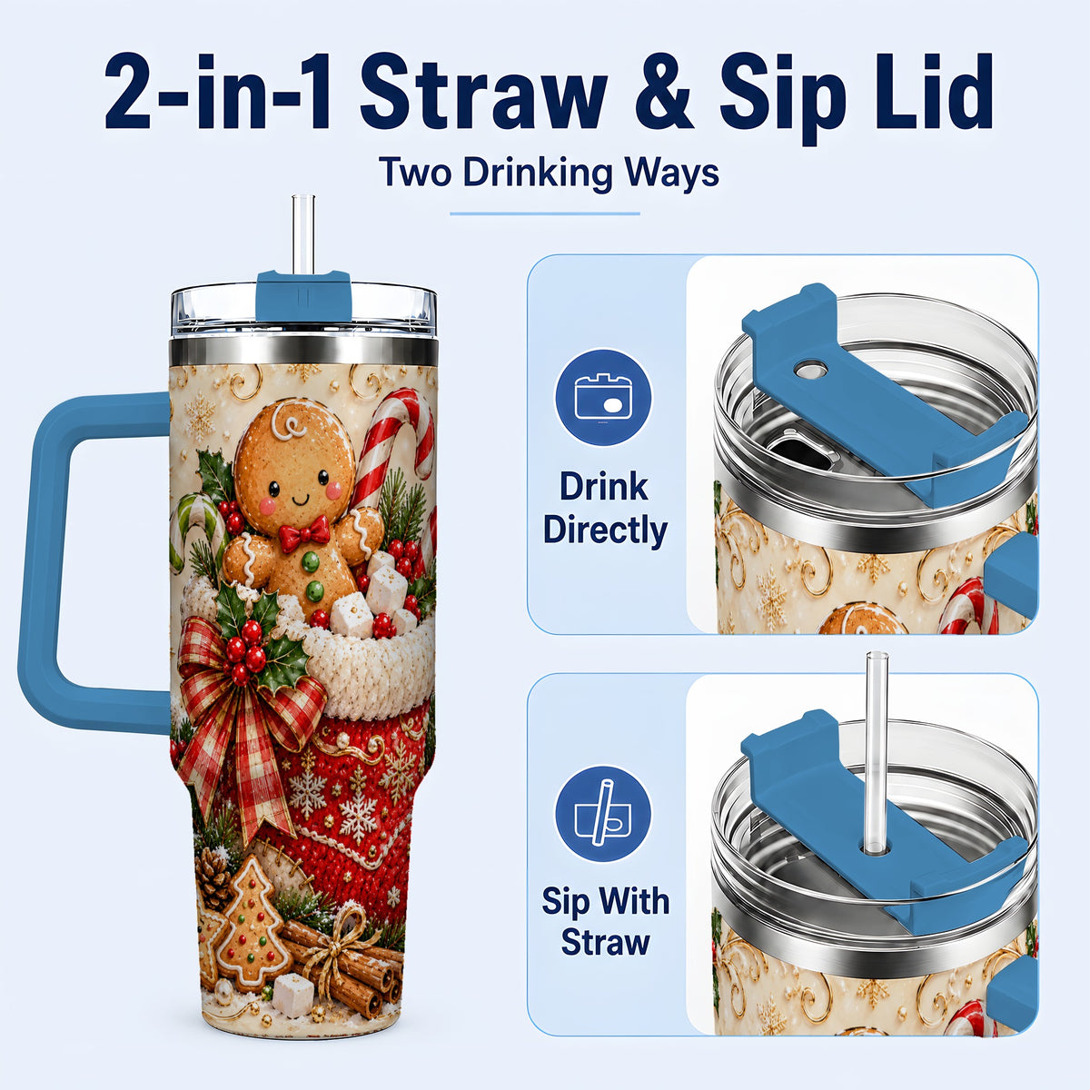 #pl[40oz|Blue] Ornate Gingerbread 40oz Tumbler with Handle, Christmas Travel Cup