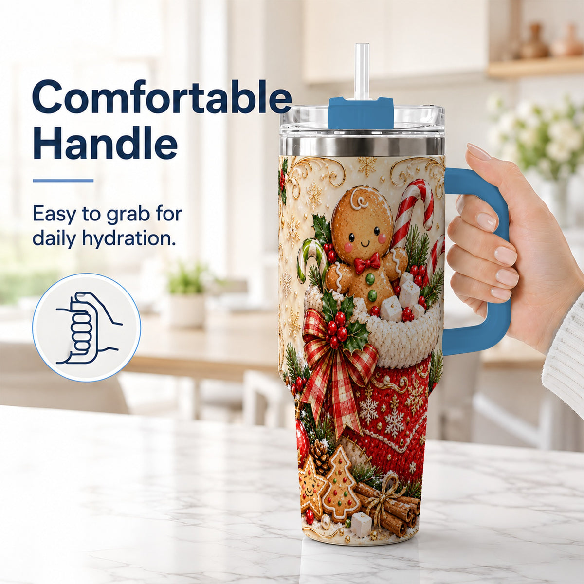 #pl[40oz|Blue] Ornate Gingerbread 40oz Tumbler with Handle, Christmas Travel Cup