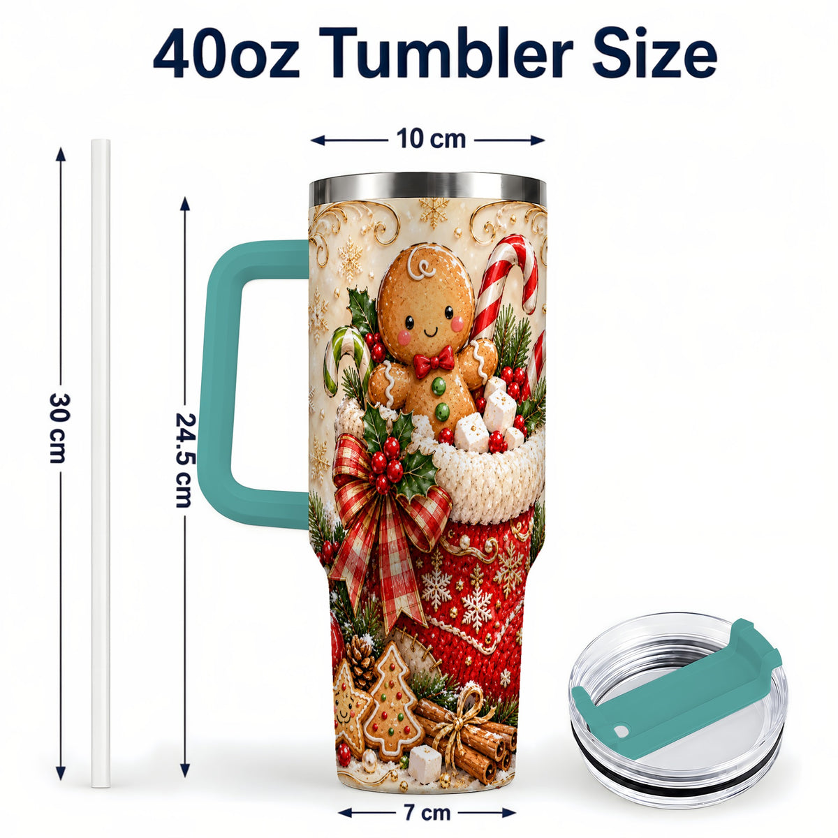 #pl[40oz|Green] Ornate Gingerbread 40oz Tumbler with Handle, Christmas Travel Cup