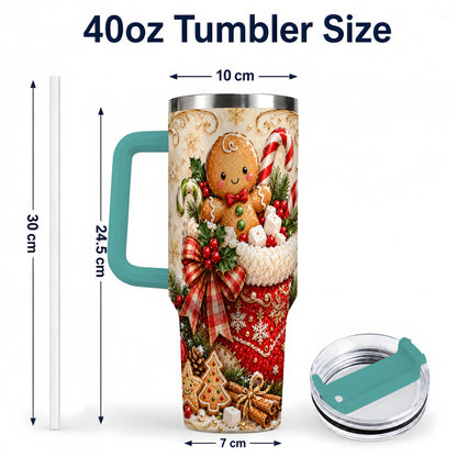 #pl[40oz|Green] Ornate Gingerbread 40oz Tumbler with Handle, Christmas Travel Cup